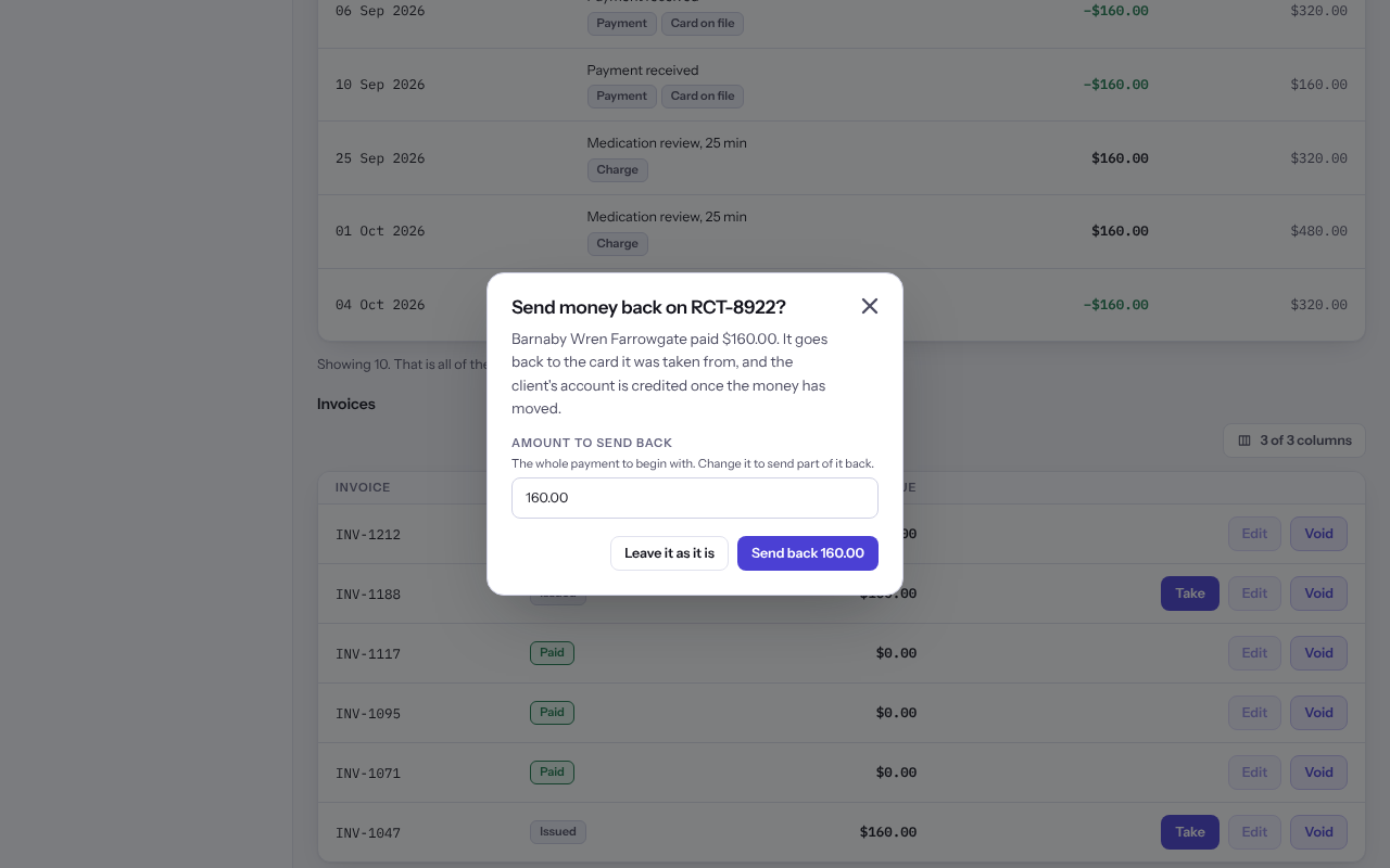 The Send money back sheet for one payment with the amount to send back.