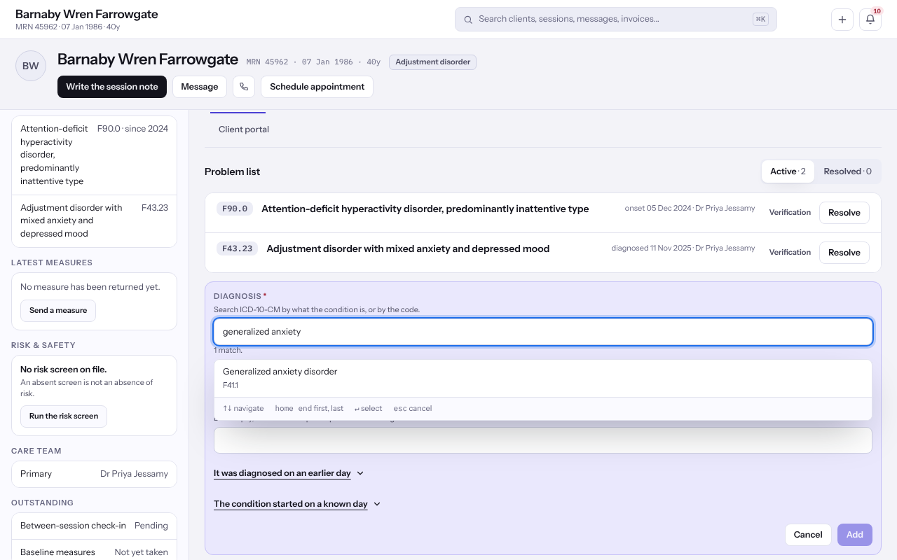 The problem list with the diagnosis form open and an ICD-10-CM search typed.