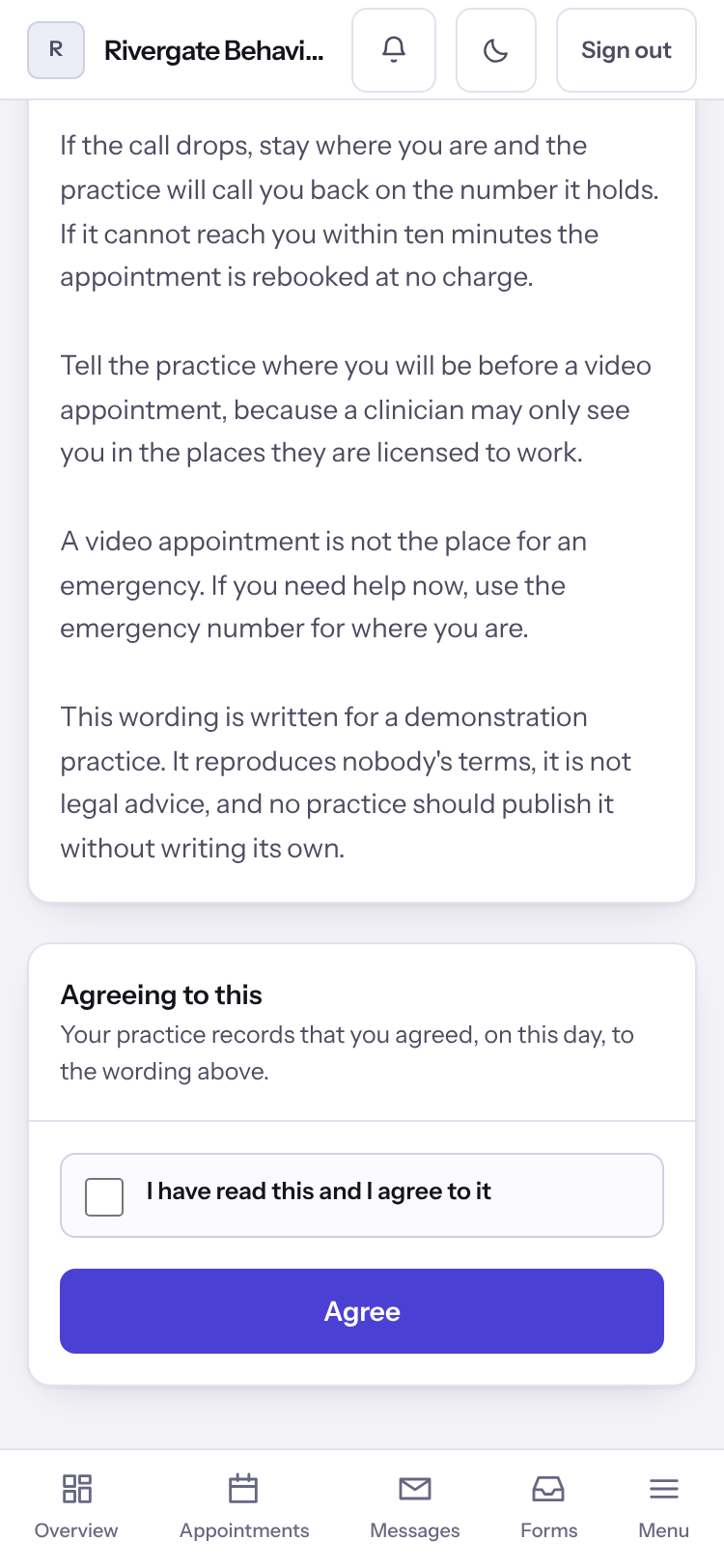 An agreement open in the client portal with the tick box and the Agree button.