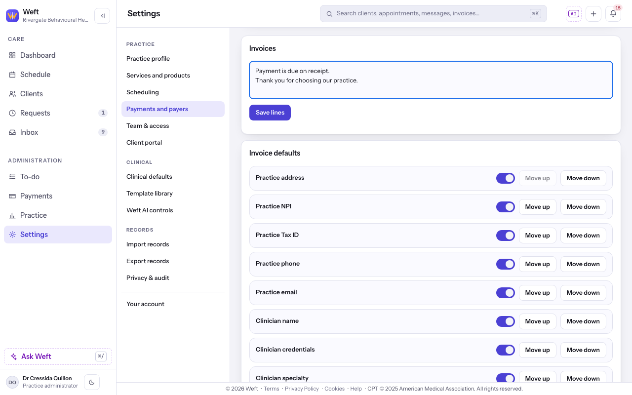 Invoices with Default invoice lines and Save lines.