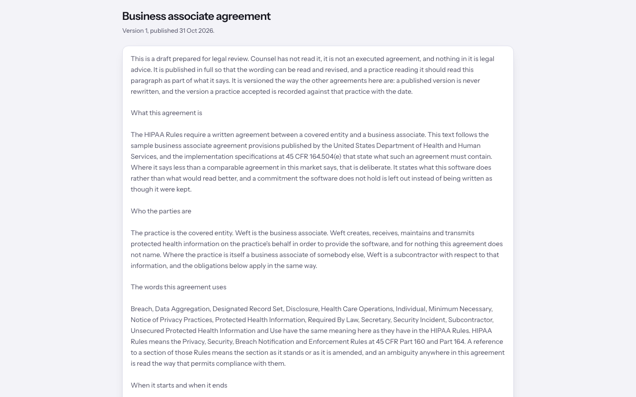 The published Business associate agreement page with its version and publication date.