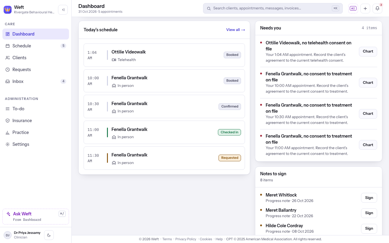 The clinician dashboard with today's schedule, note count and readiness work.