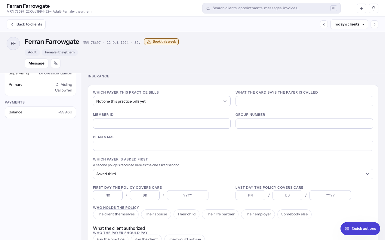 The policy form with the payer, member ID, group number and who holds the policy.