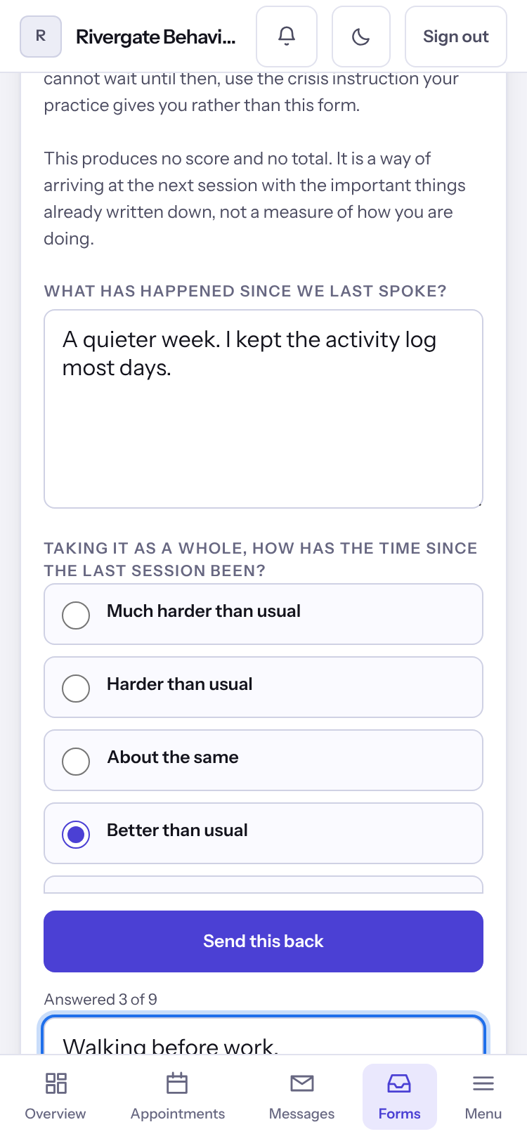 A form being filled in on the client portal, with a note that what you type is kept.