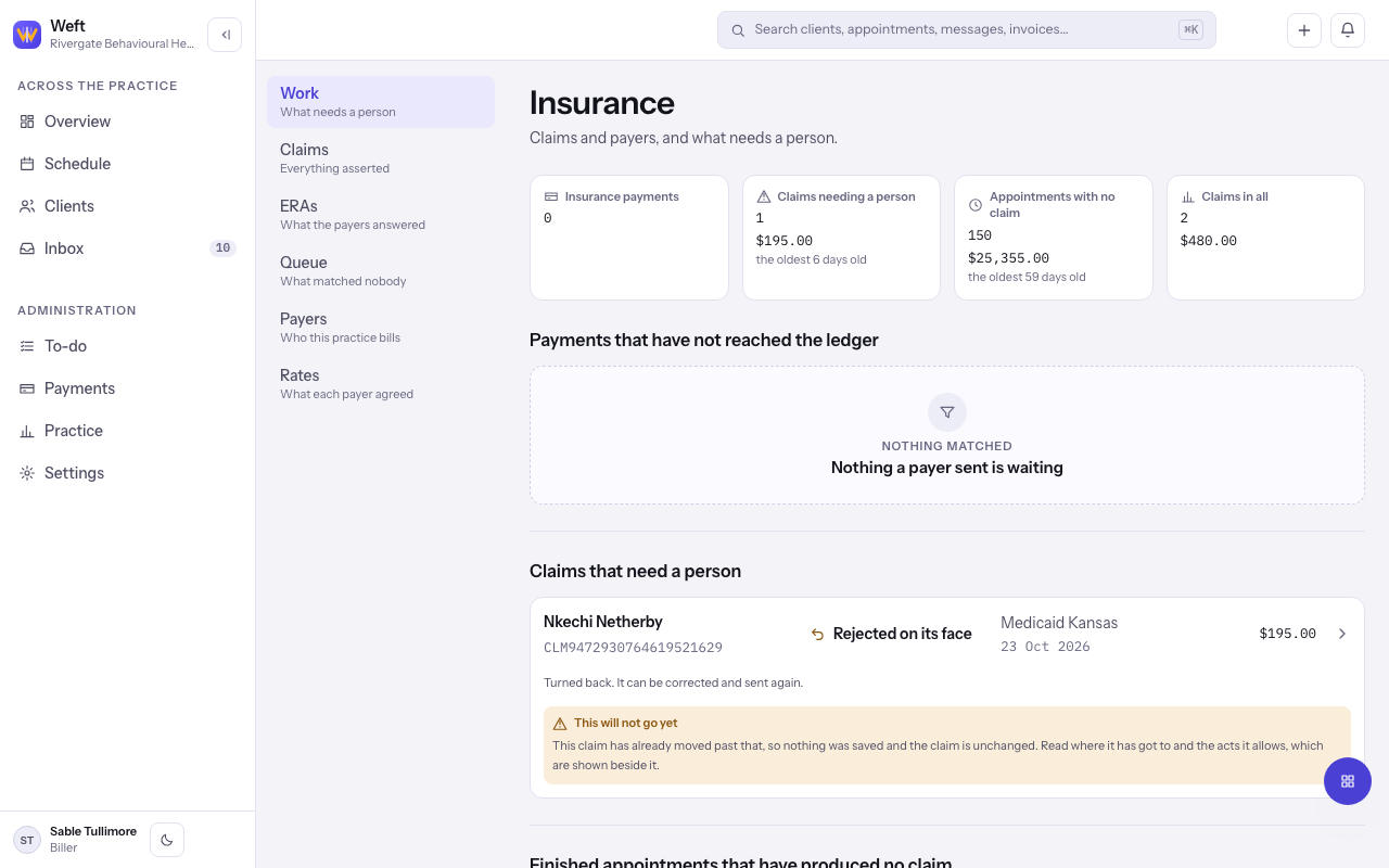 The Work tab with its four tiles and the list of finished appointments with no claim.